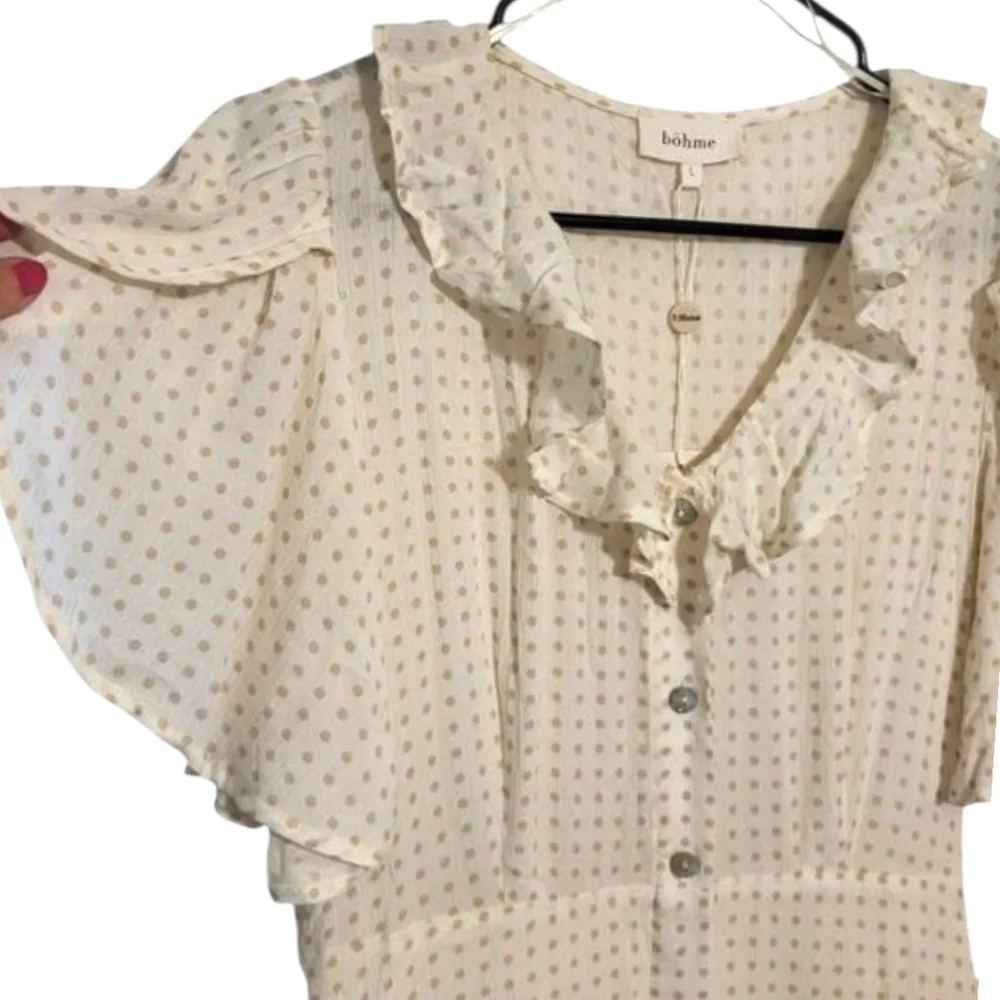BÖHME Ivory/Cream Polka Dot Femme Midi Dress Ruffled V-neck Button Front NWT LG - Picture 3 of 15